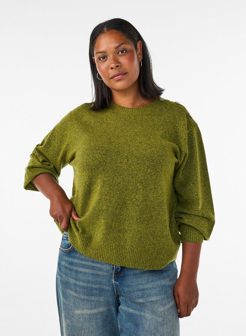 Strikket bluse med knappdetalj, Gr&oslash;nn, Model image number 0