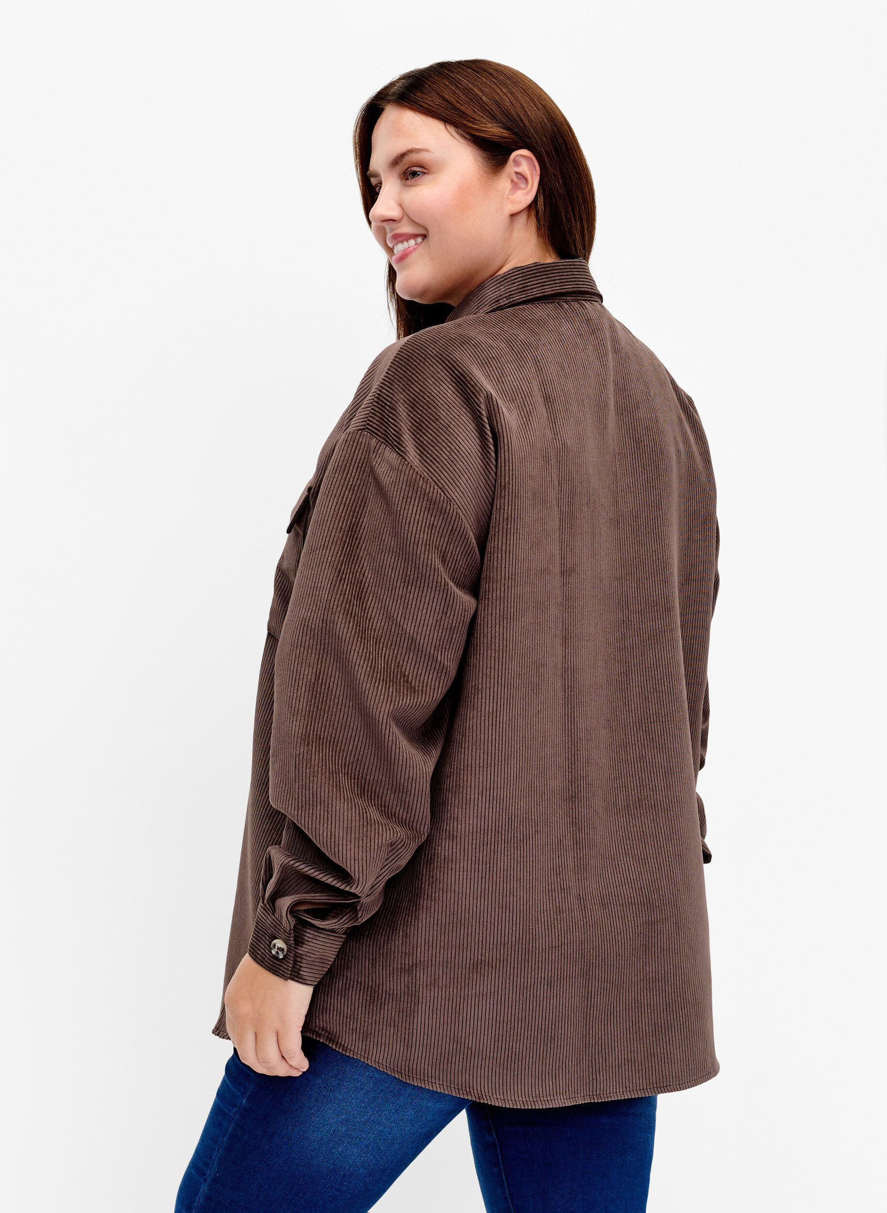 Zizzi Langermet skjorte i fl&oslash;yel med brystlommer, Java, Model image number 1