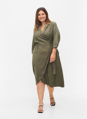 Omslagskjole med 3/4-ermer i viskose, Dusty Olive, Model image number 2