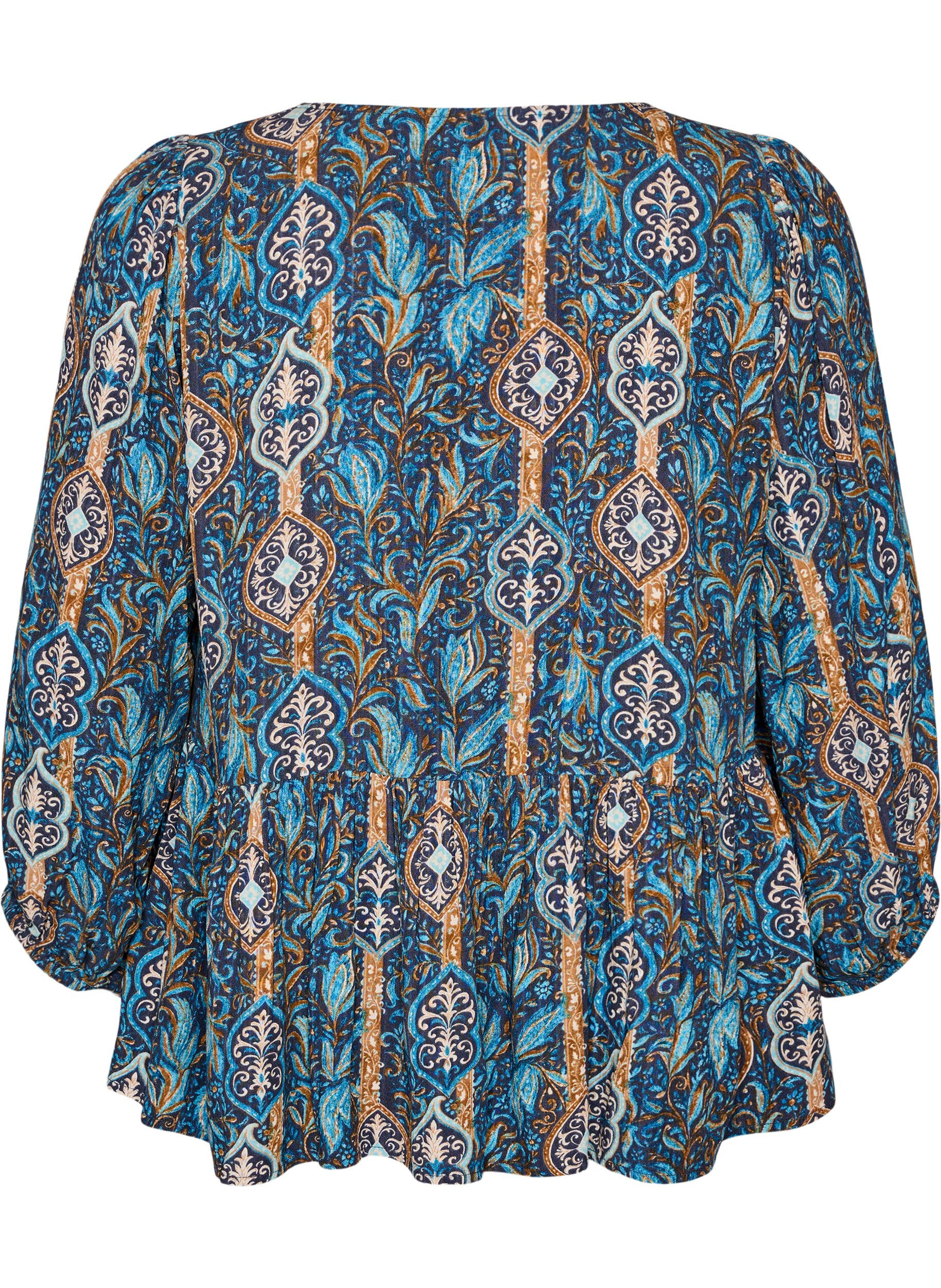 ZizziBluse med paisleytrykk og blondedetaljer, Bl&aring;, Packshot image number 1