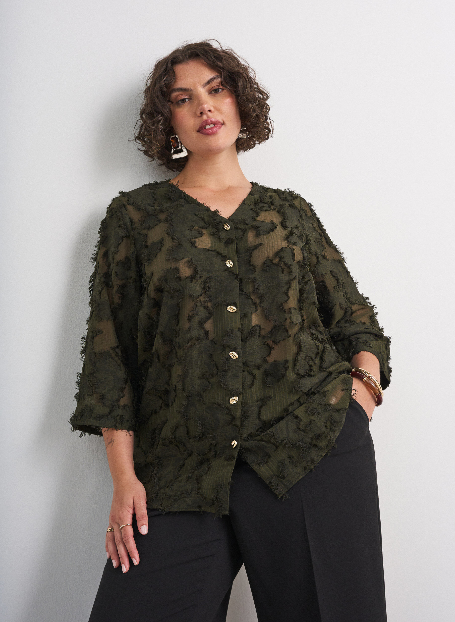 ZizziBluse med frynsete tr&aring;der og tekstur, Gr&oslash;nn, Model image number 0