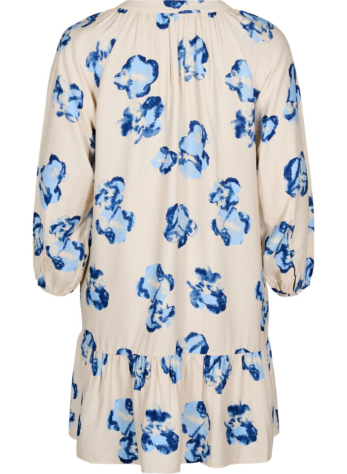 Knelang kjole med lange ermer og A-linje snitt, Off White Blue AOP, Packshot