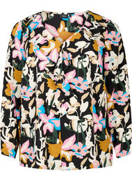 Mønstret bluse med volanger, Black Multi Flower