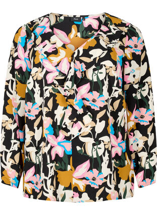 Mønstret bluse med volanger, Black Multi Flower, Packshot image number 0