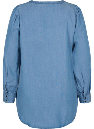 Langermet skjorte med V-hals og volanger, Blue denim, Packshot image number 1