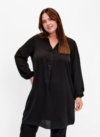 Kjole med lange ermer og V-hals, Black, Model