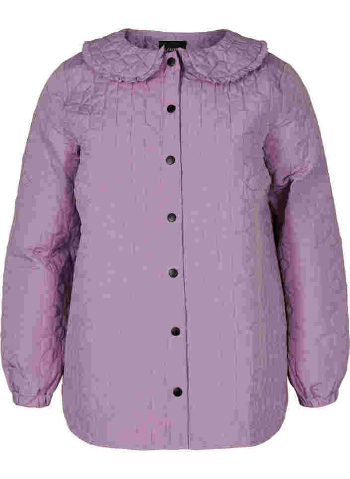Quiltet jakke med krage og volangkant, Lavender Mist, Packshot image number 0