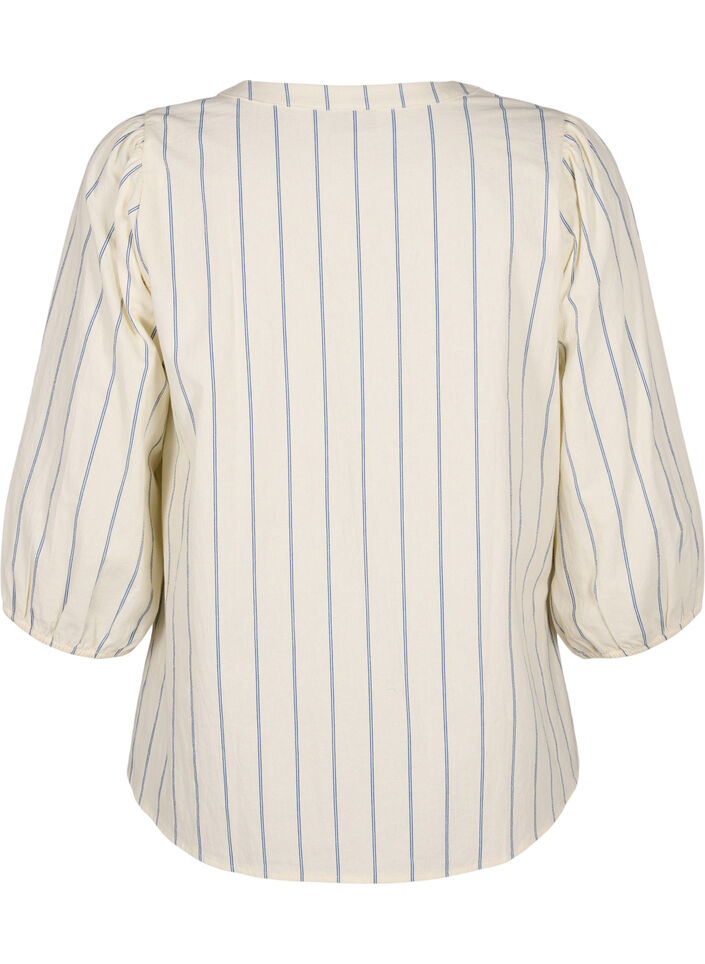 Bomullsbluse med striper og trekvartlange ermer, Eggnog Stripe, Packshot image number 1