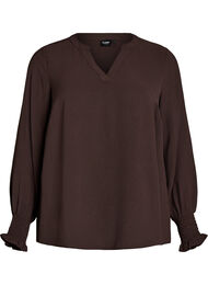 Bluse med smockmansjetter og V-hals, Brun