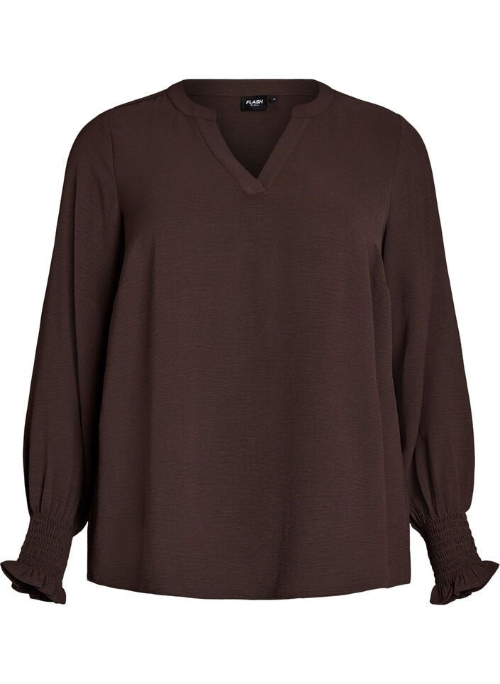 Bluse med smockmansjetter og V-hals, Brun, Packshot image number 0