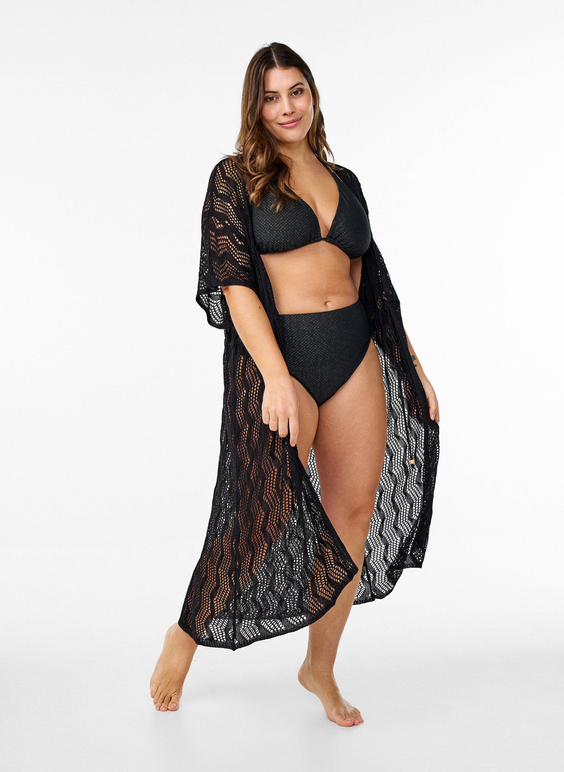 Zizzi Strandkimono med knytebelte, Svart, Model image number 0