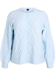 Kabelstrikket cardigan med perleknapper, Blå