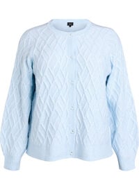 Kabelstrikket cardigan med perleknapper, Blå Kabelstrikket cardigan med perleknapper