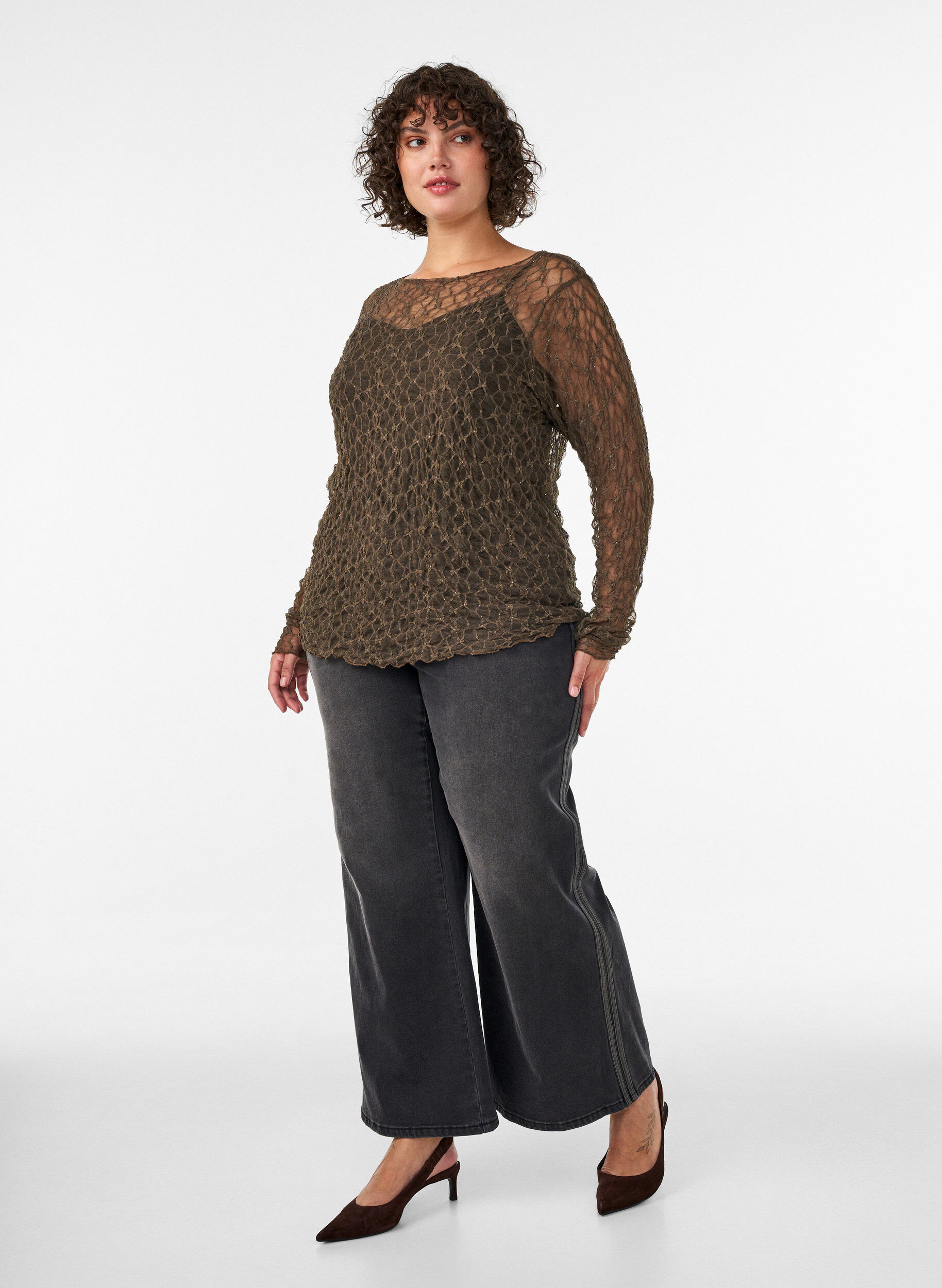 ZizziBluse i mesh med m&oslash;nster og glitrende tr&aring;d, Brun, Model image number 1