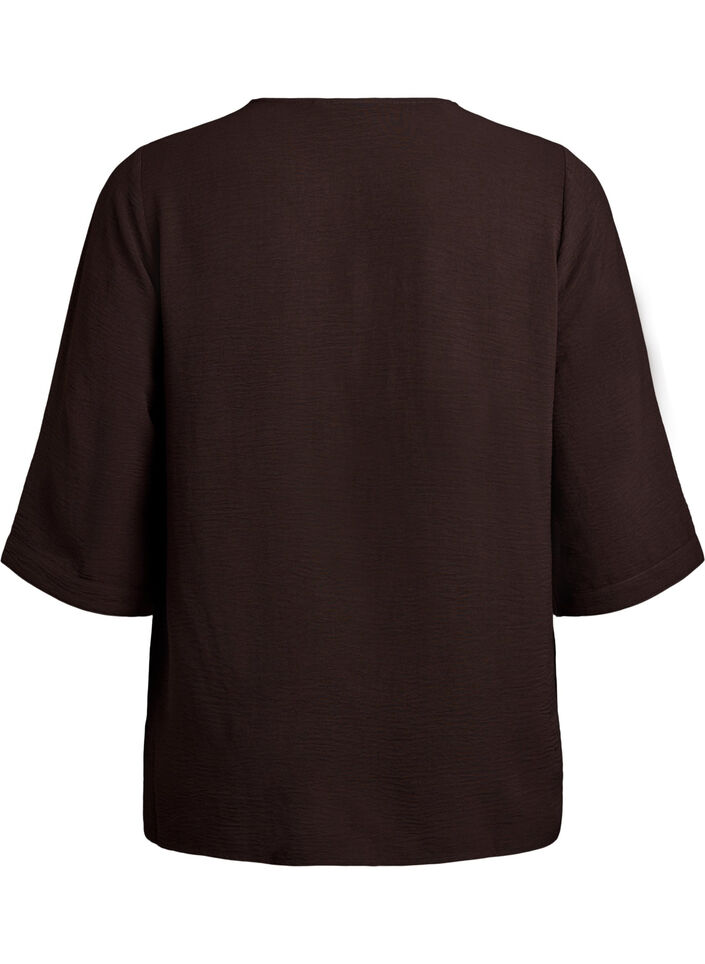 Skjortebluse med v-hals og 3/4 ermer, Brown, Packshot image number 1