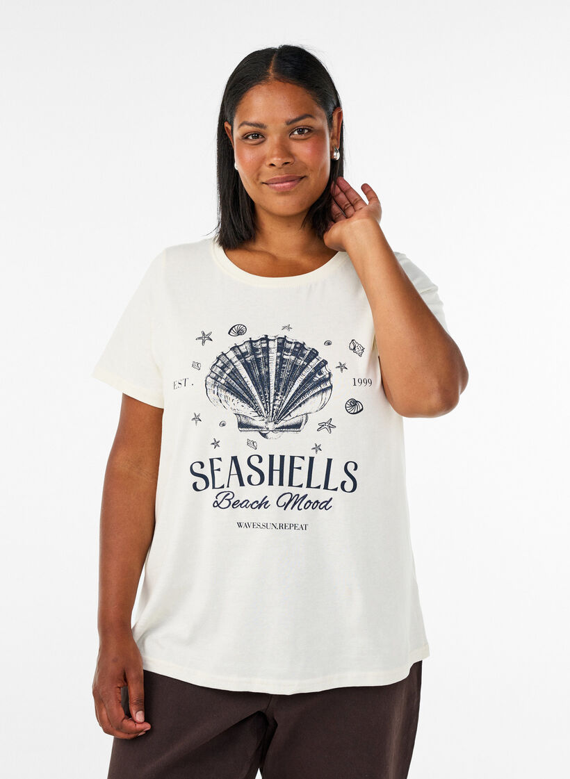 Bomulls T-skjorte med trykk, Vanilje, Model image number 0