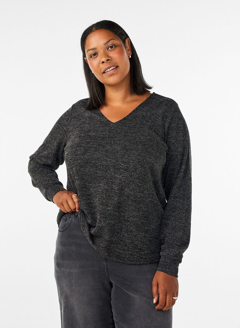 Jerseybluse med V-hals og lange ermer, Svart, Model image number 0