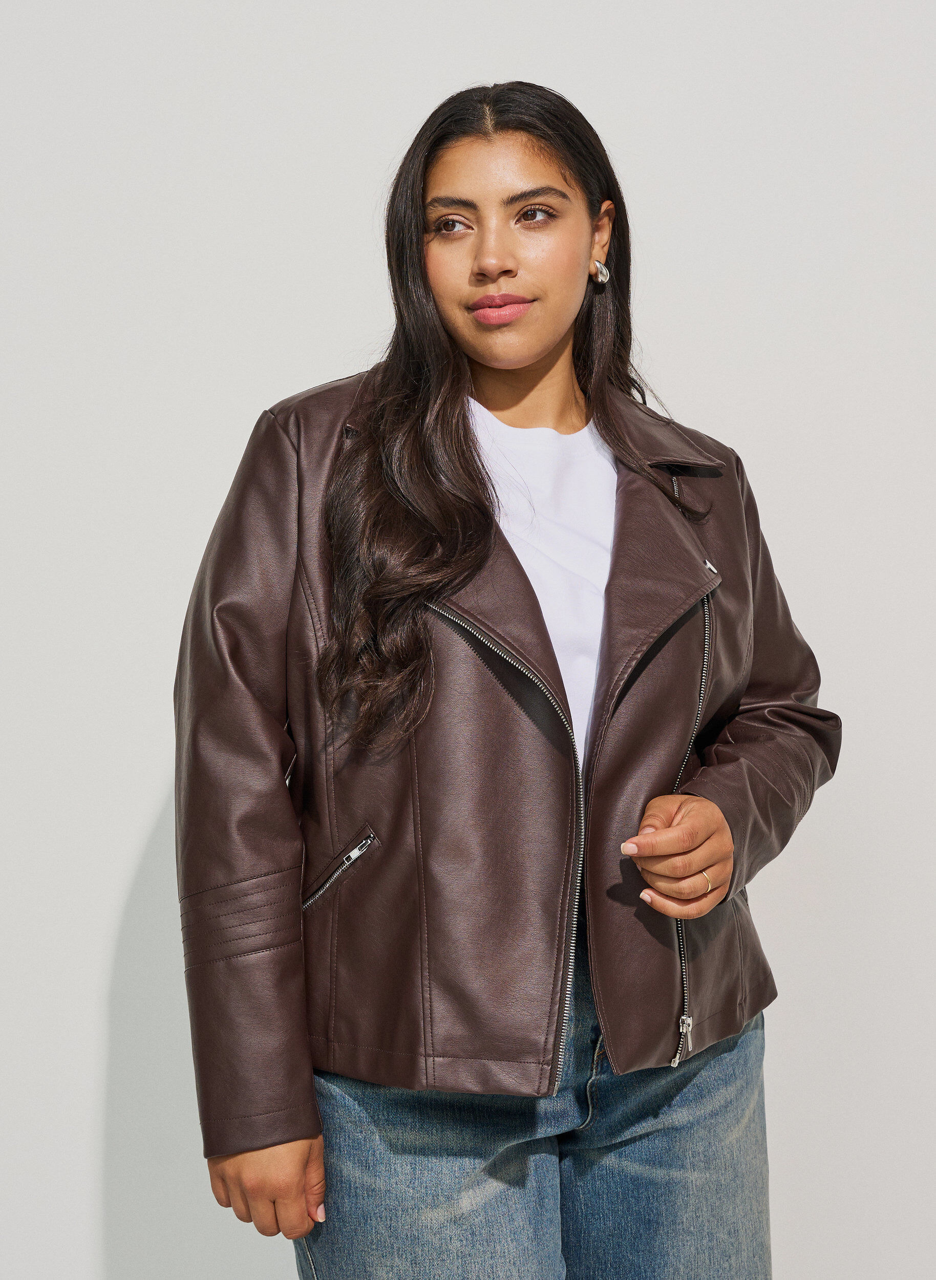 Bikerjakke i imitert skinn, Brun, Model