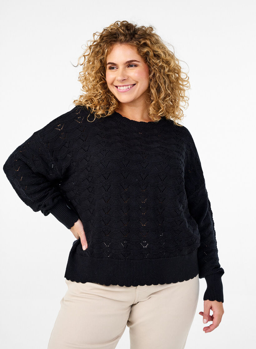 Langermet strikket bluse med et åpent mønster, Black, Model image number 0