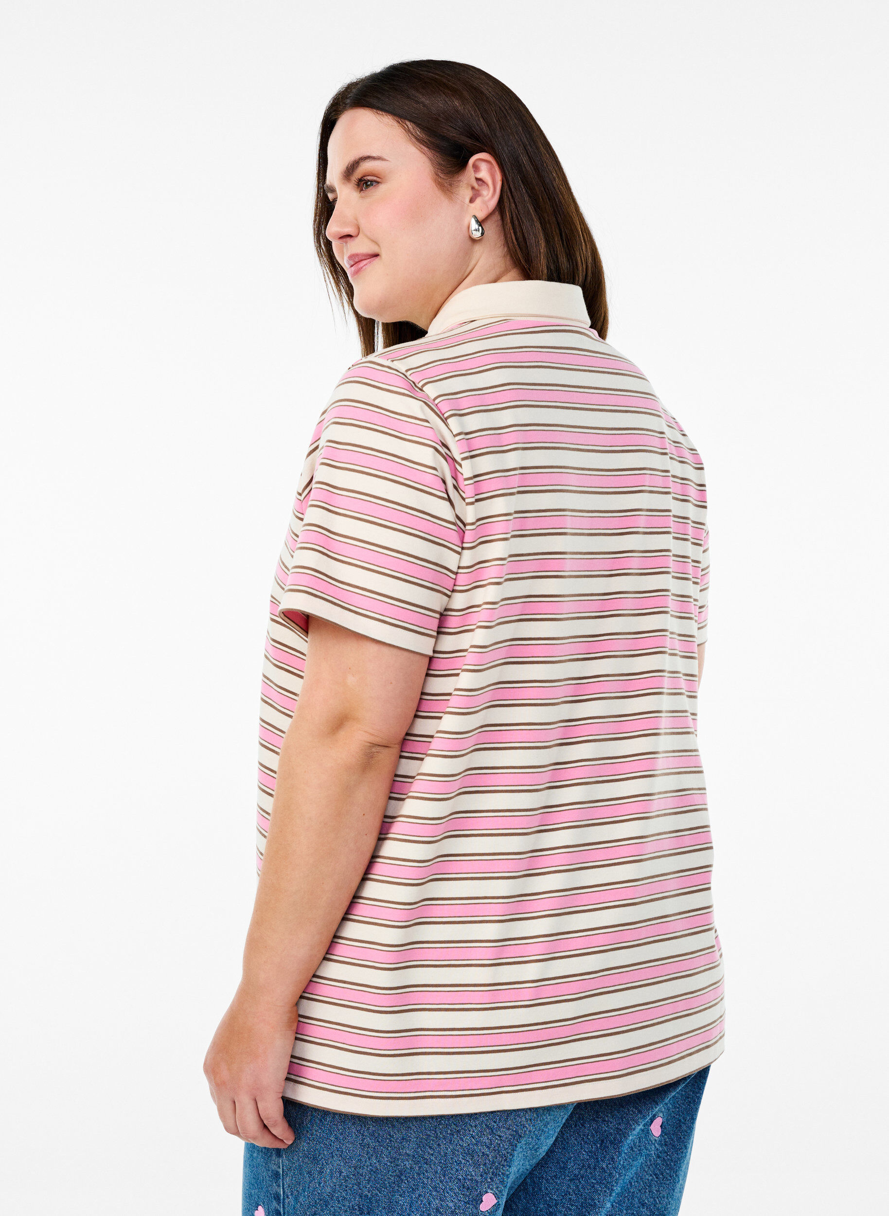 Zizzi Stripete poloskjorte med korte ermer, Rosa, Model image number 2
