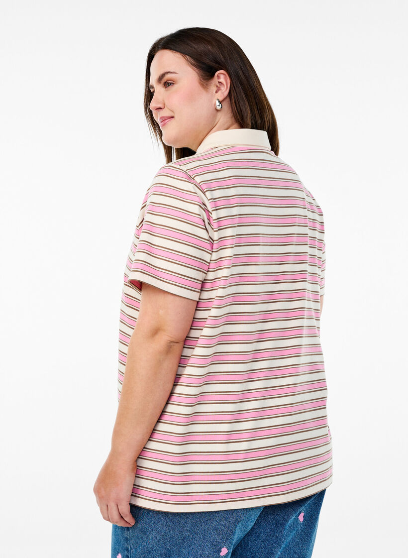 Stripete poloskjorte med korte ermer, Rosa, Model image number 2