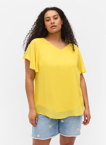 Bluse med korte ermer, Primrose Yellow, Model image number 0