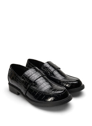 Croco-loafers med bred passform i skinn, Black, Packshot image number 1