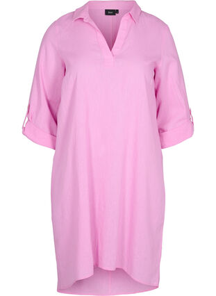 Stripet kjole i bomull og lin, Begonia Pink, Packshot image number 0