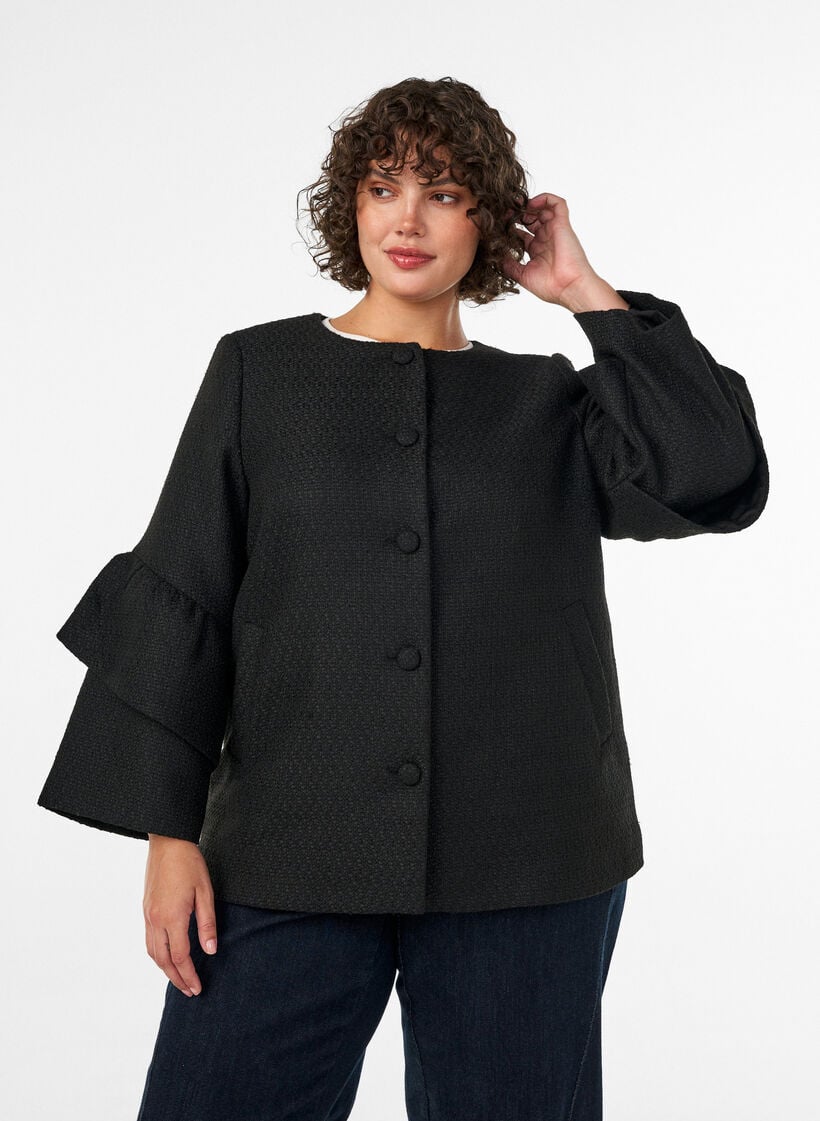 Boucl&eacute; jakke med rysjedetaljer, Svart, Model image number 0