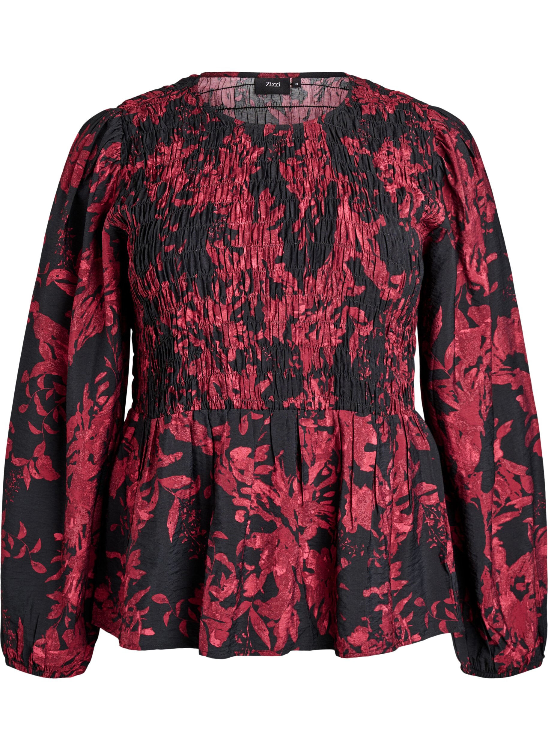 ZizziBluse med smock og lange ermer, Svart, Packshot image number 0