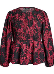 Bluse med smock og lange ermer, Svart