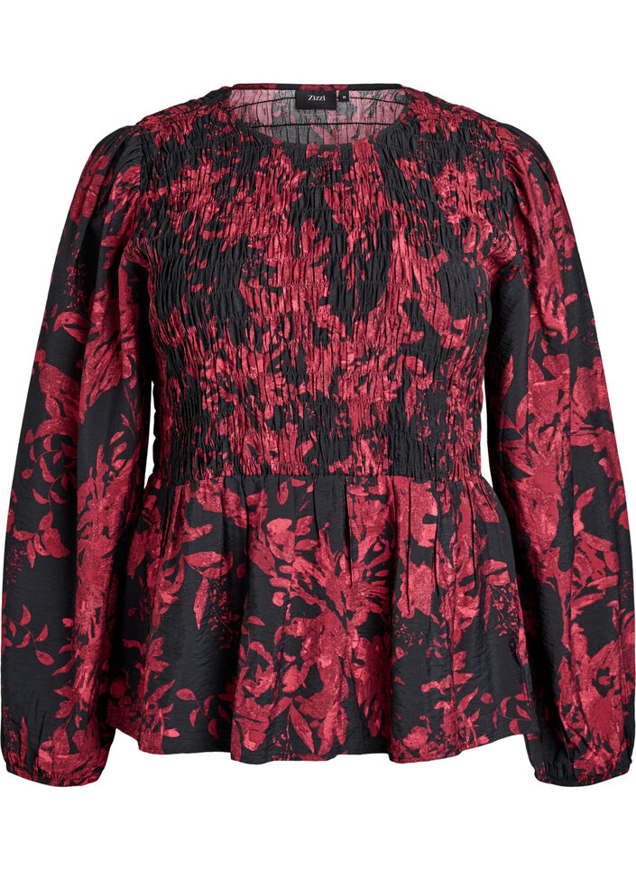 Bluse med smock og lange ermer, Svart, Packshot image number 0