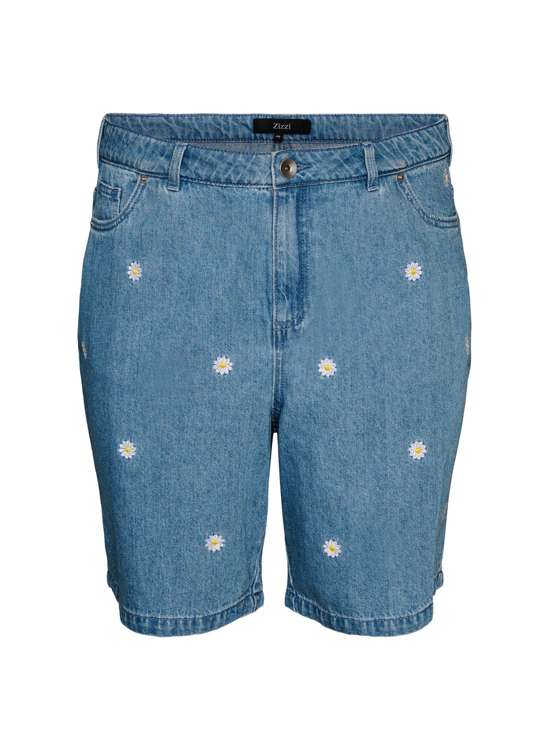 Zizzi H&oslash;ymidjede denimshorts med blomsterbroderi, Bl&aring;, Packshot image number 0