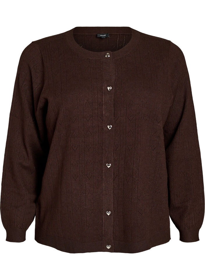 Strikket cardigan med hjerte hullbroderi, Brun, Packshot image number 0