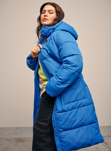 Lang Puffer jakke med lommer og hette, French Blue, Image image number 0