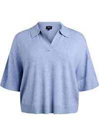 Strikket bluse med krage og korte ermer, Blå Strikket bluse med krage og korte ermer