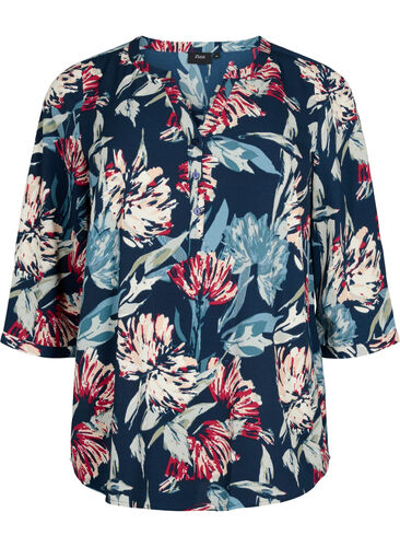 Blomstret bluse med 3/4-ermer, Navy Flower, Packshot image number 0