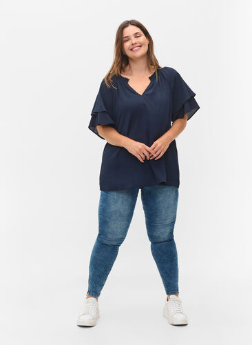 Bluse med korte ermer og V-hals, Navy Blazer, Model image number 2