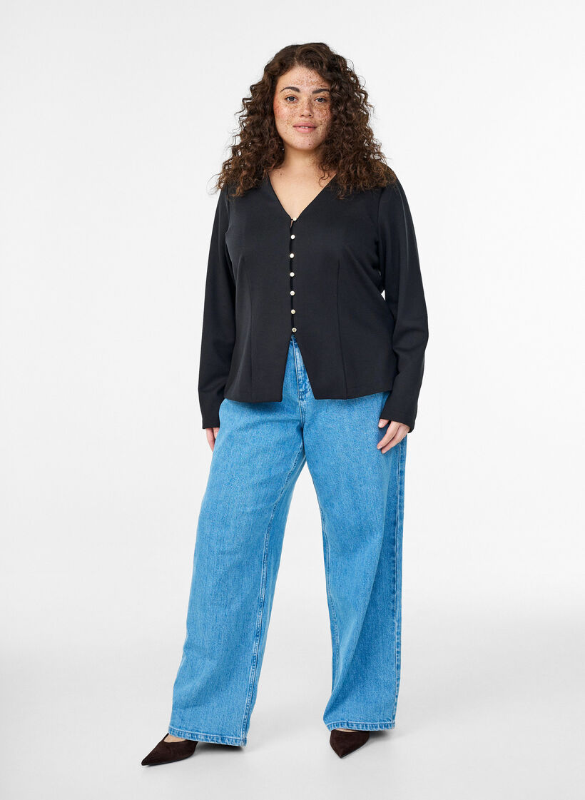 Cardigan med V-hals og gullfargede knapper, Svart, Model image number 1