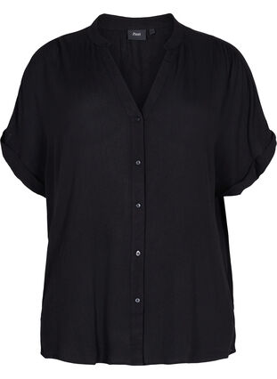 Kortermet viskoseskjorte med V-hals, Black, Packshot image number 0