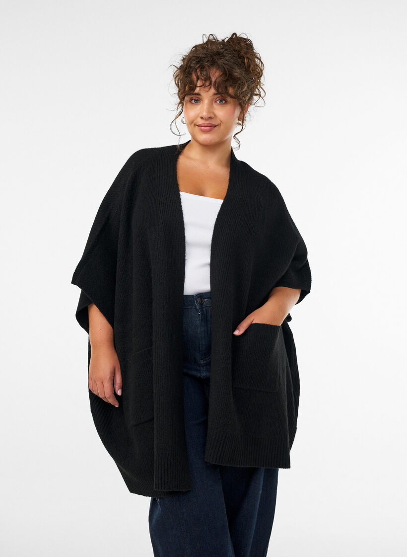 Cardigan med &aring;pen front og vide ermer, Svart, Model image number 0