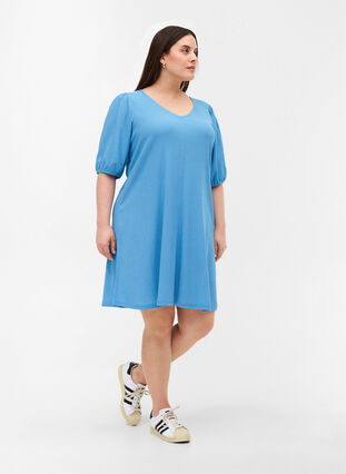 Kjole med puffermer og V-hals, Azure Blue, Model image number 2