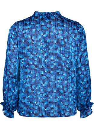 Bluse med lange ermer, volanger og trykk, Navy Blazer Leaf AOP, Packshot image number 1