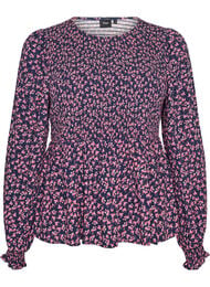 Bluse med smocket topp og blomstertrykk, Bl&aring;