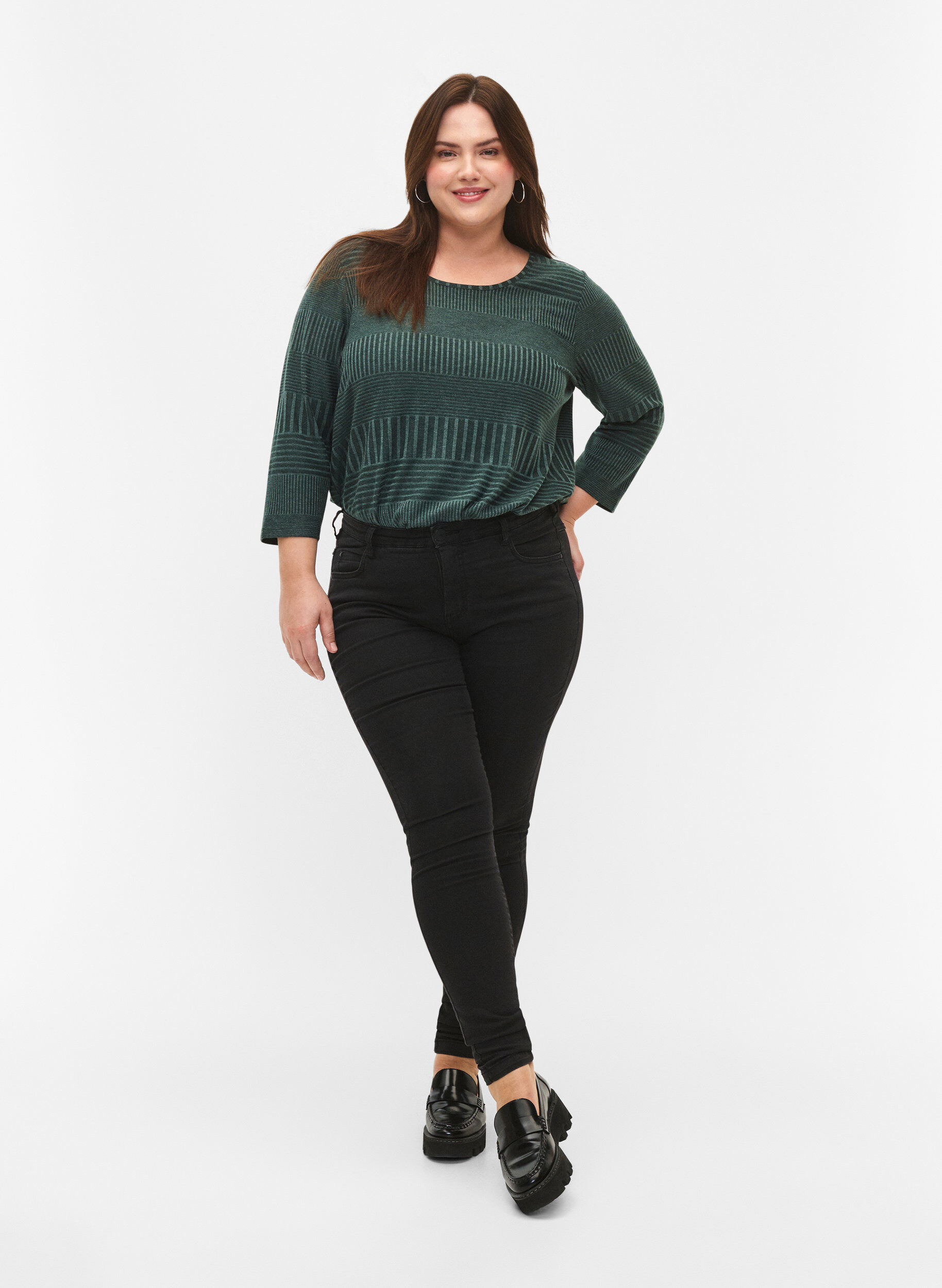 Zizzi Bluse med 3/4-ermer og stripem&oslash;nster, Scarab Melange, Model image number 2