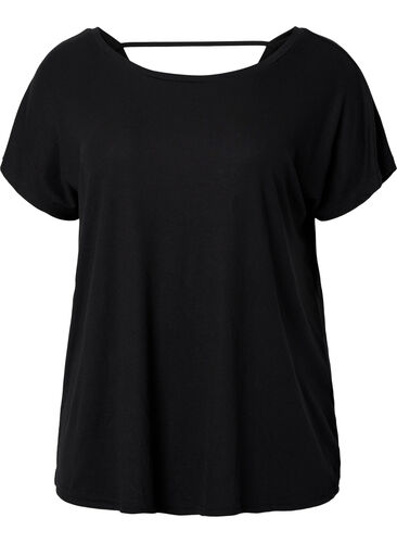 Kortermet treningsbluse med dyp skjæring i ryggen, Black, Packshot image number 0