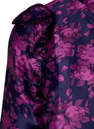 Blomstret jacquardbluse med volanger, Dark Blue Pink, Packshot image number 3
