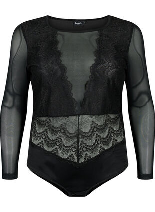 Bodystocking med blondekant og mesh, Black, Packshot image number 0