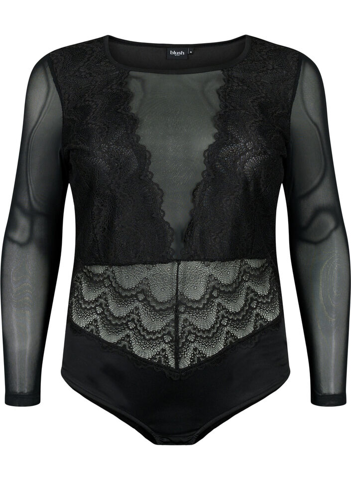 Bodystocking med blondekant og mesh, Black, Packshot image number 0