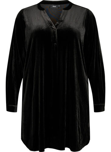Langermet velourkjole med v-hals, Black, Packshot image number 0